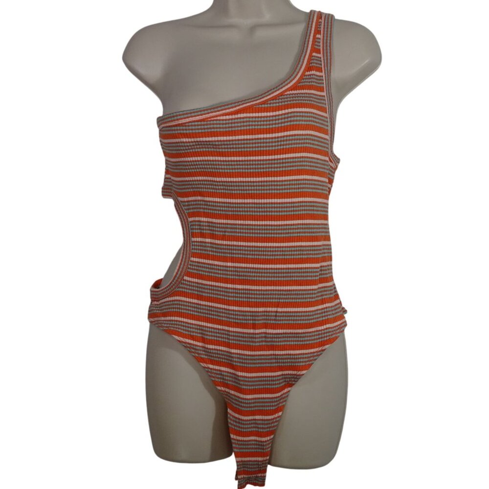Wild Fable Orange Striped One Shoulder Cutout Thong Bodysuit Women Size XL